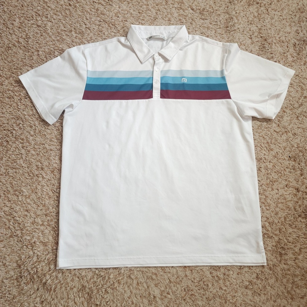 TravisMathew Polo Shirt Mens XXL White Blue Burgundy Striped Short Sleeve Golf